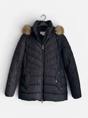Michael Kors Black Chevron Down Filled Hooded Puffer Coat XL- detachable hood